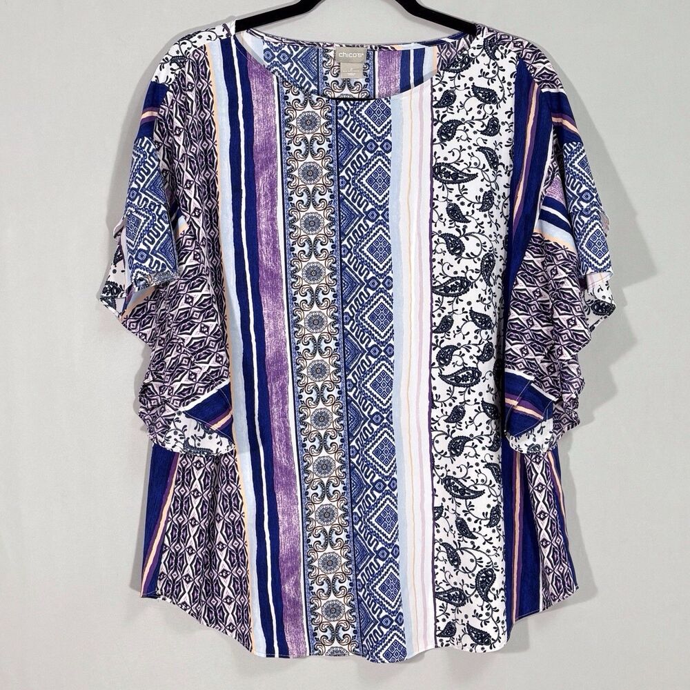 Chicos Mixed Print Flutter Sleeve Pullover Top Size 2 US 12/14 Large Purple Blue